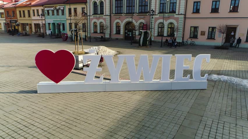 Zywiec Inscription On The Market Square In The Center. Polish Aerial View
