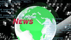 Animation of globe and breaking news over data processing on black background. news, media, data processing and technology concept digitally generated video. - Powered by Shutterstock - Get 15% off with code: PIKWIZARD15