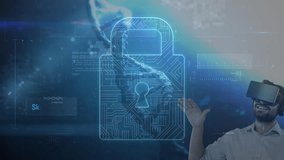 Animation of digital padlock and data over clouds and caucasian man in vr headset. virtual reality, data processing and technology concept digitally generated video. - Powered by Shutterstock - Get 15% off with code: PIKWIZARD15