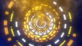 Abstract round spinning rings HUD elements blue and yellow from flying particles glowing energy scientific futuristic hi-tech background. Video 4k