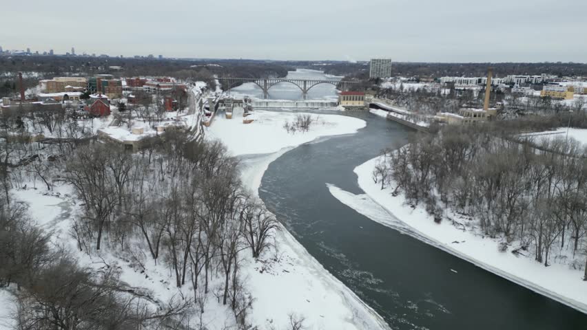 Mississippi River in Winter in Minnesota with Hydroelectric Dam