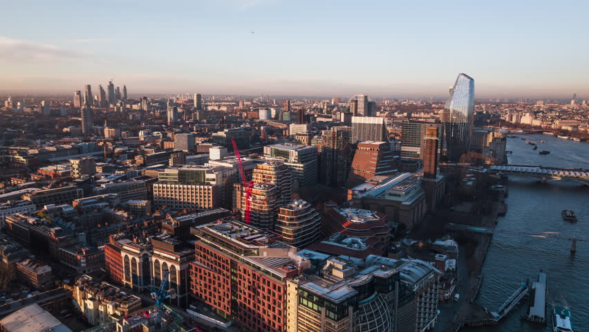 Establishing Aerial View Shot of London UK, United Kingdom, day circling left, central London, Tate Modern, One Blackfriars,  Royalty-Free Stock Footage #1099799821