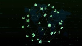 Animation of financial data processing with icons and world map on black background. Global business, finances and digital interface concept digitally generated video.