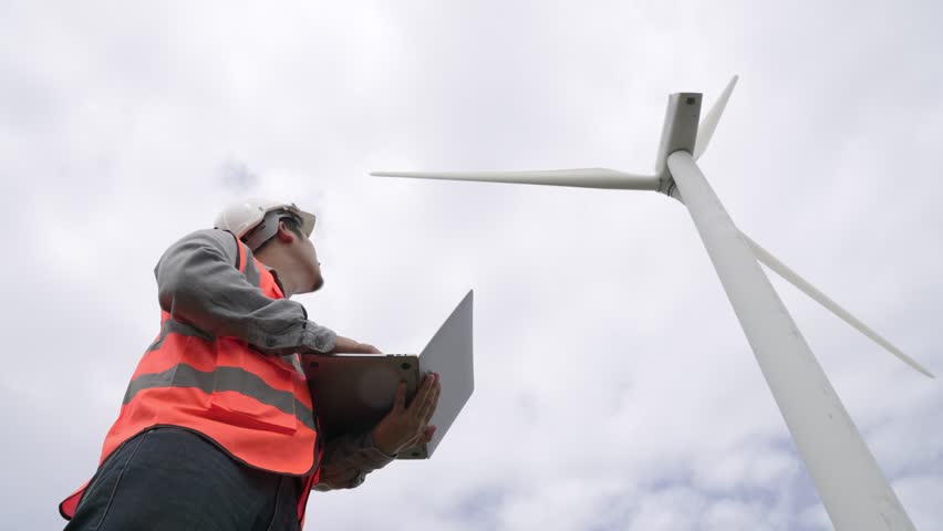 Engineer working on a wind turbine with the sky background. Progressive ideal for the future production of renewable, sustainable energy. Energy generation from wind turbine.