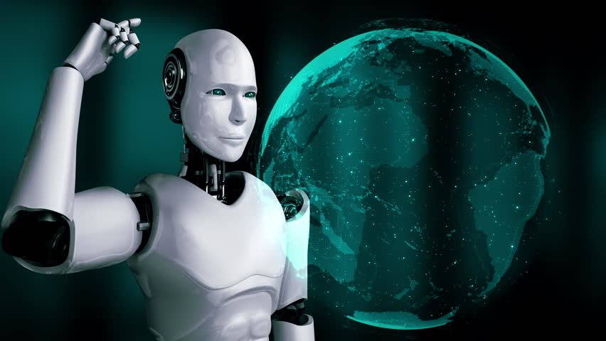 Thinking AI hominoid robot analyzing hologram screen shows concept of network global communication using artificial intelligence by machine learning process. 3D rendering computer graphic. | Shutterstock HD Video #1099805161