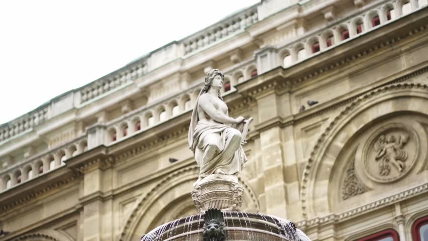 Fountain in front of the Vienna Opera House, Austria. Historic venue for classical opera, ballets, music theater and concerts.
