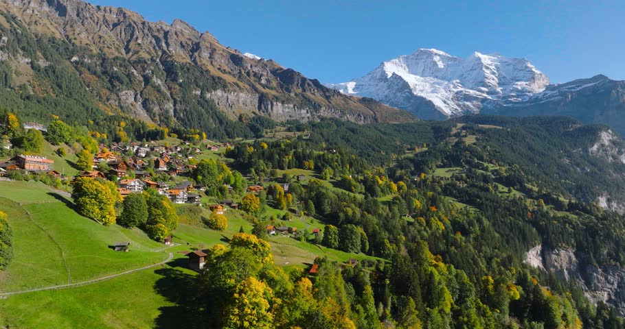 Aerial view of the beautiful Swiss nature in Lauterbrunnen valley in Switzerland Royalty-Free Stock Footage #1099807715