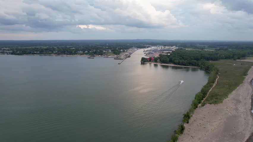 Aerial view of scenic lake Erie landscape near Fairport harbor in Ohio.