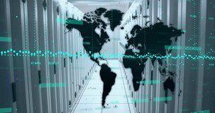 Animation of data processing and world map over computer servers. Global digital interface, business, computing and data processing concept digitally generated video.