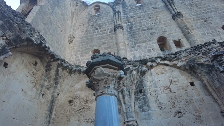 Column in ancient ruins. Views inside the old cathedral.