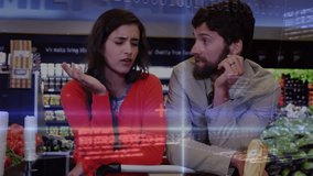 Animation of financial data processing over caucasian couple arguing at a grocery store. Global finance and retail business concept - Powered by Shutterstock - Get 15% off with code: PIKWIZARD15