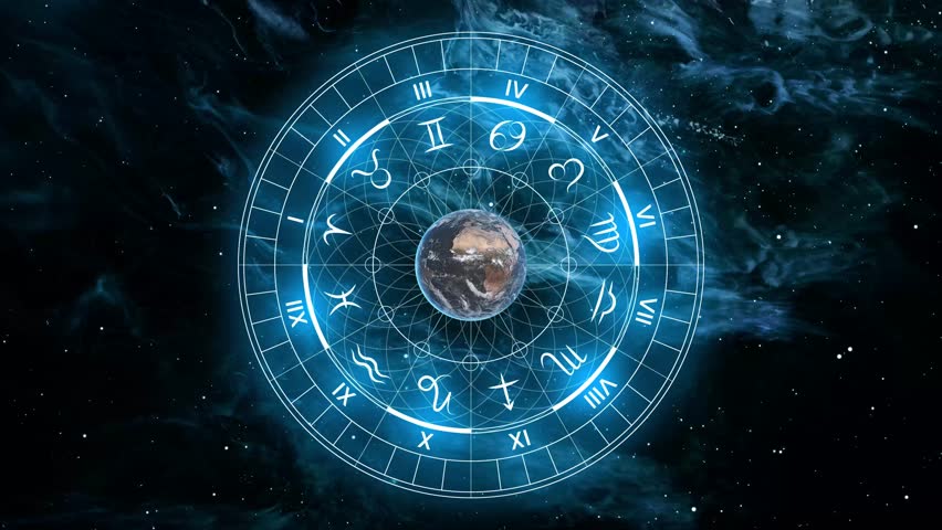 Astrology Horoscope Signs Video. Earth with Astrological Wheel, 12 Signs of horoscope, 4K Video Royalty-Free Stock Footage #1099814939