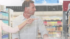 Animation of interface with data processing over caucasian couple shopping together at grocery store. Retail business and computer interface technology concept - Powered by Shutterstock - Get 15% off with code: PIKWIZARD15