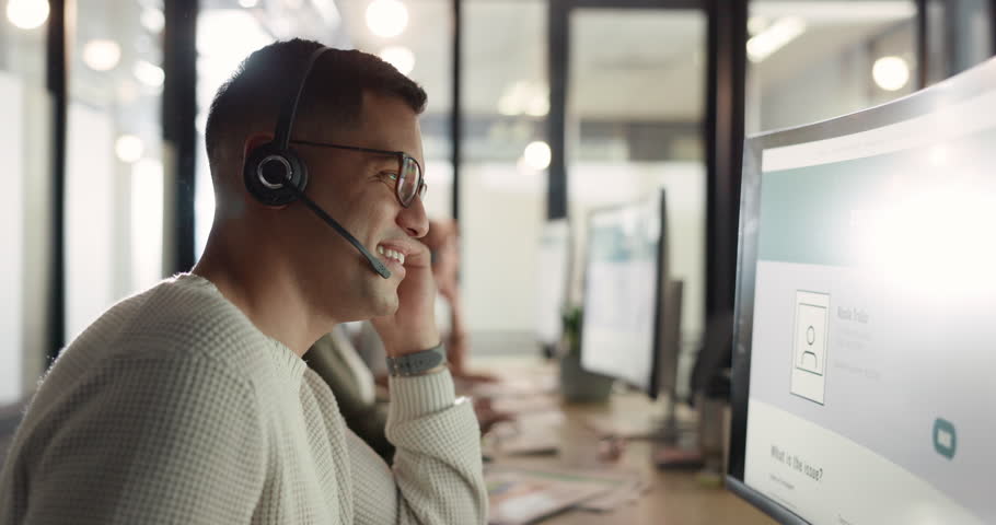 Contact us, crm or happy consultant in call center talking, communication or helping with inbound marketing. Customer services, technical support or salesman speaking of life insurance on microphone | Shutterstock HD Video #1099827031