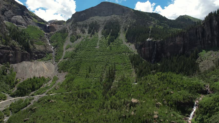Aerial View of Bridal Veil Falls and Hills Above Telluride Valley, Colorado USA, Drone Shot