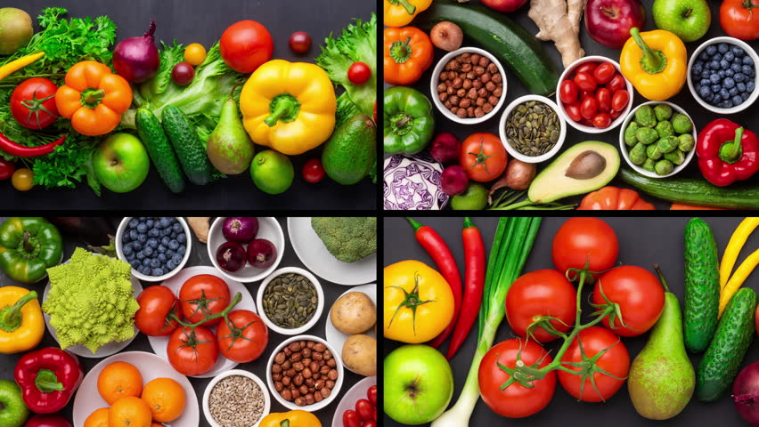 Healthy eating ingredients: fresh vegetables, fruits and superfood. The concept of nutrition, diet, vegan food. Concrete background | Shutterstock HD Video #1099833157