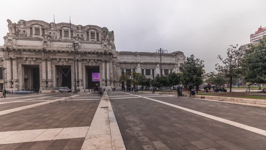 Panorama of Milano Centrale timelapse - the main central railway station of the city of Milan in Italy. Located on Piazza Duca d