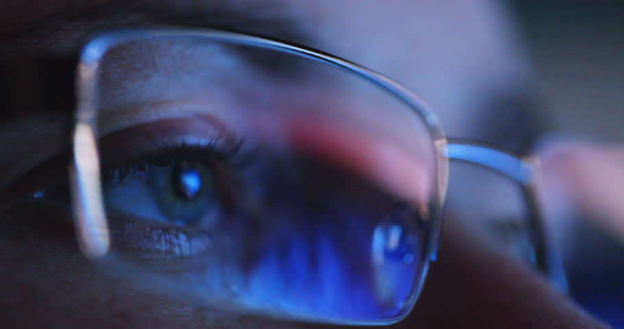 Person in Glasses Looks in Flicker Screen. Closeup Eye.  Royalty-Free Stock Footage #1099835719