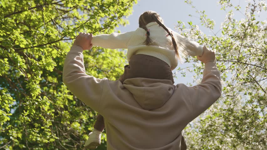 little child rides sitting dad shoulders park. dream childhood. kid daughter with dad summer forest. father carries girl walk park. green summer forest. dad love little daughter. happy family concept. Royalty-Free Stock Footage #1099837843