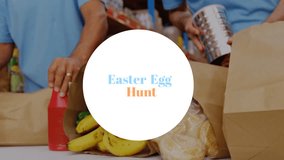 Animation of easter egg hunt text on spot over diverse volunteers in warehouse. Global business and digital interface concept digitally generated video. - Powered by Shutterstock - Get 15% off with code: PIKWIZARD15
