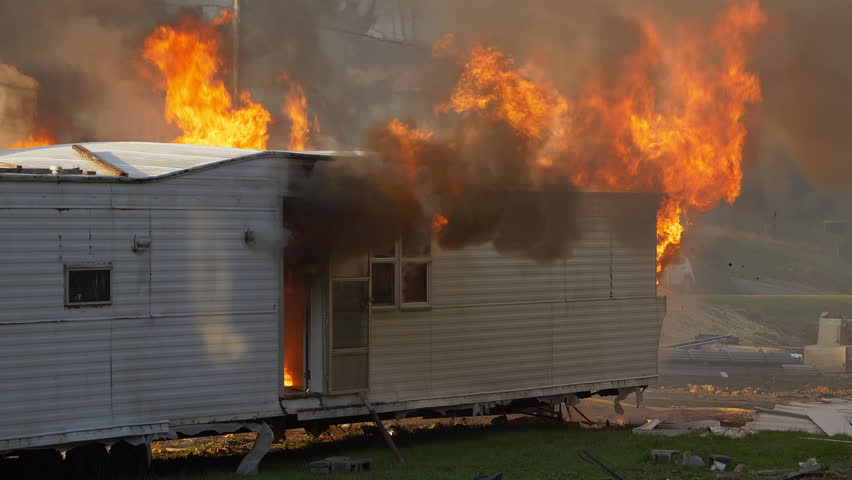 4K Wide shot of smoke and fire billowing from a small building. Real footage of a small house on fire.