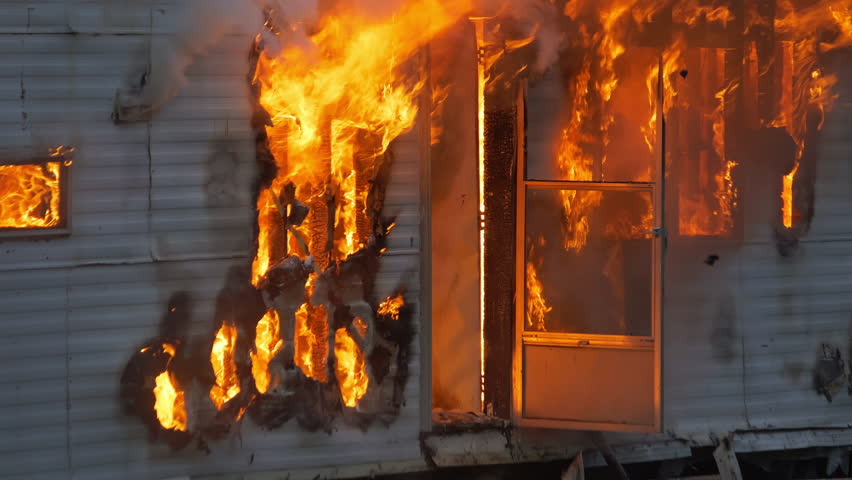 Epic shot of a trailer home on fire. House engulfed in flames with fire and smoke rising out of the door and windows.