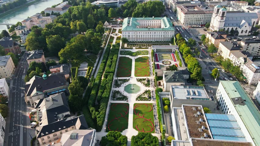 Aerial drone view of Mirabell Palace and Gardens in Salzburg, Austria. 