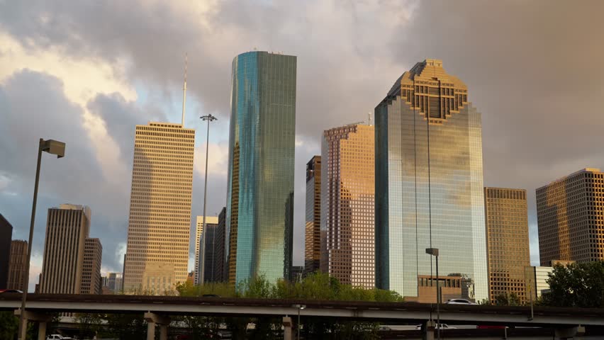 Skyline of Houston Texas with its high rise buildings at sunset - travel photography