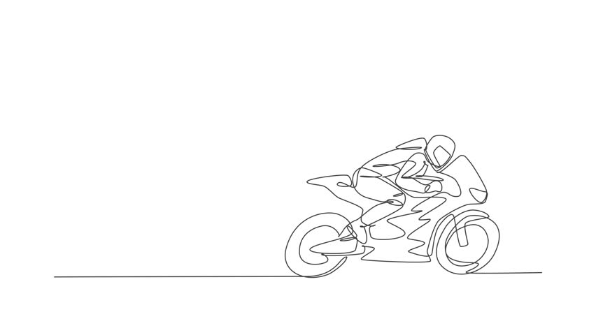 Animation of one line drawing of moto racer practice to improve speed bike at circuit. Superbike racing concept. Continuous line self draw animated for motor racer event banner. Full length motion.