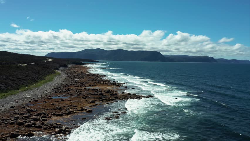 Shoreline in Gros Morne National Park, Newfoundland, Car Driving Along the Shore