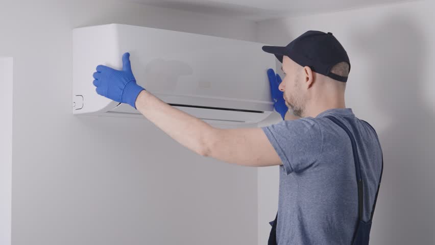 The worker maintains the air conditioner, the man cleans the filters. Service of climatic devices. Royalty-Free Stock Footage #1099850237