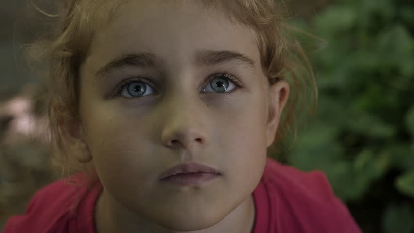 Portrait Little Girl Praying Looking Up at Sky With Hope and Faith, Contemplative Child Face, Closeup. Girl Looks-up God Believer Prayer, Passionate Dreamer Divine. Child Looking Up at Sky in Nature