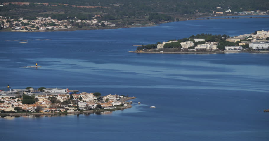 Sète, Hérault department,Occitanie, France. The etang de Thau. In the background is the oyster farming of Bouzigues. 