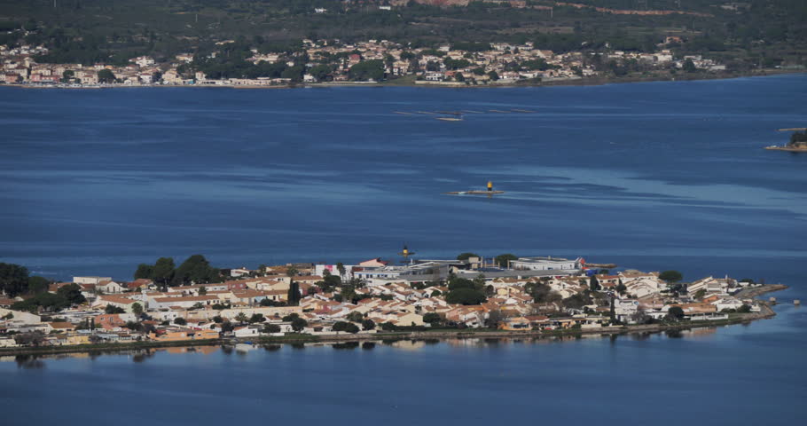 Sète, Hérault department,Occitanie, France. The etang de Thau. In the background is the oyster farming of Bouzigues. 