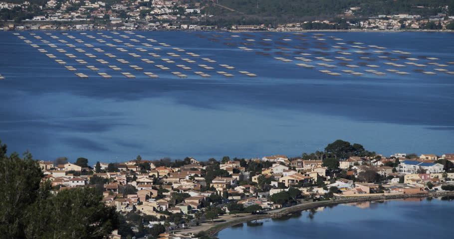 Sète, Hérault department,Occitanie, France. The etang de Thau. In the background is the oyster farming of Bouzigues. 