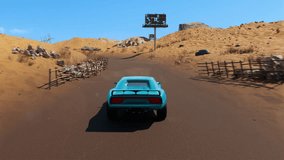 Digital animation of the sports car drifting in the desert. Animation of the blue car drifting in the video game. Animation of the fast car smoothly drifting in the sandy area. Computer game