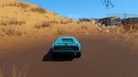 Digital animation of the sports car drifting in the desert. Animation of the blue car drifting in the video game. Animation of the fast car smoothly drifting in the sandy area. Computer game