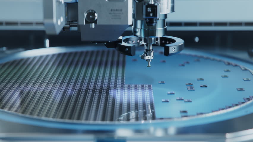 Semiconductor Packaging Process. Close-up of Silicon Die are being Extracted from Semiconductor Wafer and Attached to Substrate by Pick and Place Machine. Computer Chip Manufacturing at Fab. Royalty-Free Stock Footage #1099853287