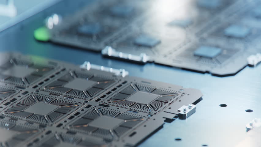 Semiconductor Packaging Process. Close-up of Extracted from Semiconductor Wafer Silicon Dies are being Attached to Substrate by Pick and Place Machine. Computer Chip Manufacturing at Fab. Royalty-Free Stock Footage #1099853293
