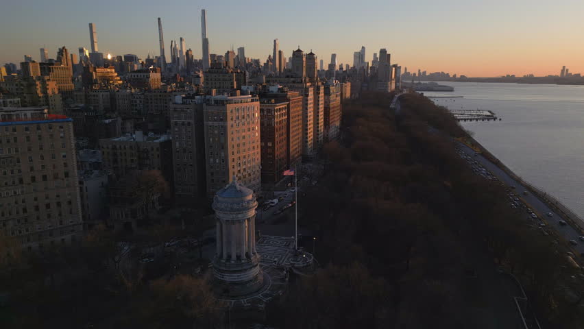 sunset flying south over Riverside Park on the upper west side of NYC