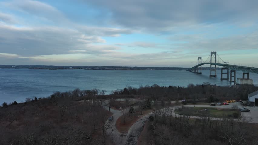 Aerial view of sea, bridge, island and highway in Rhode Island, USA