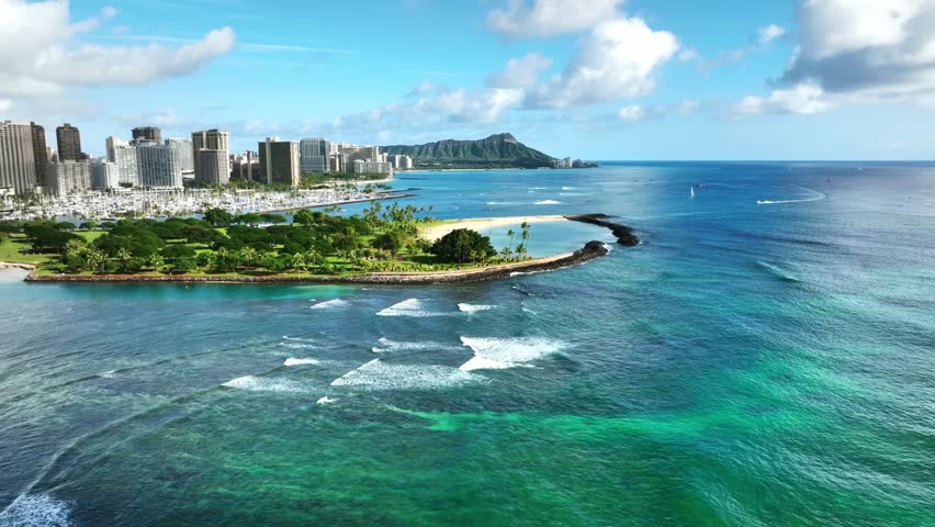 Aerial view Waikiki beach Hawaii, Drone Honolulu city skyline. Famous American vacation tourism destination in Oahu island, USA. Royalty-Free Stock Footage #1099867043