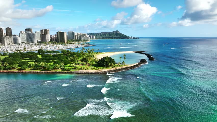 Aerial view Waikiki beach Hawaii, Drone Honolulu city skyline. Famous American vacation tourism destination in Oahu island, USA.