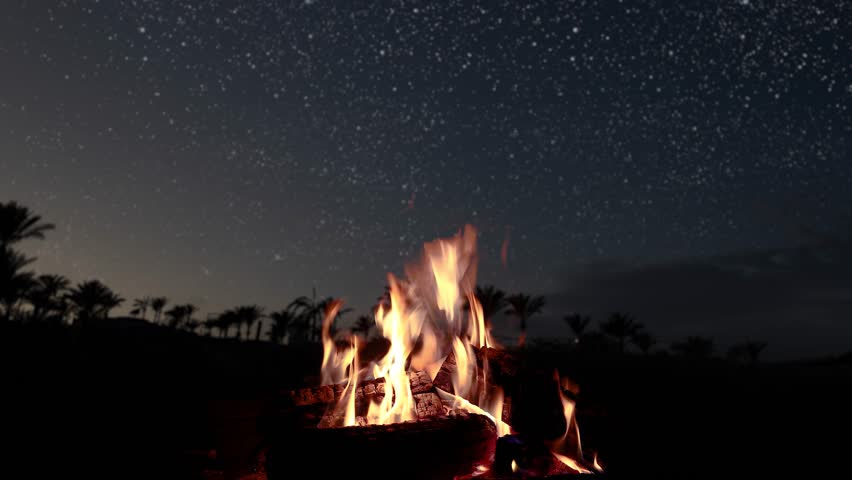 Bonfire burns at night against the background of mountains and sea with bright stars | Shutterstock HD Video #1099867269