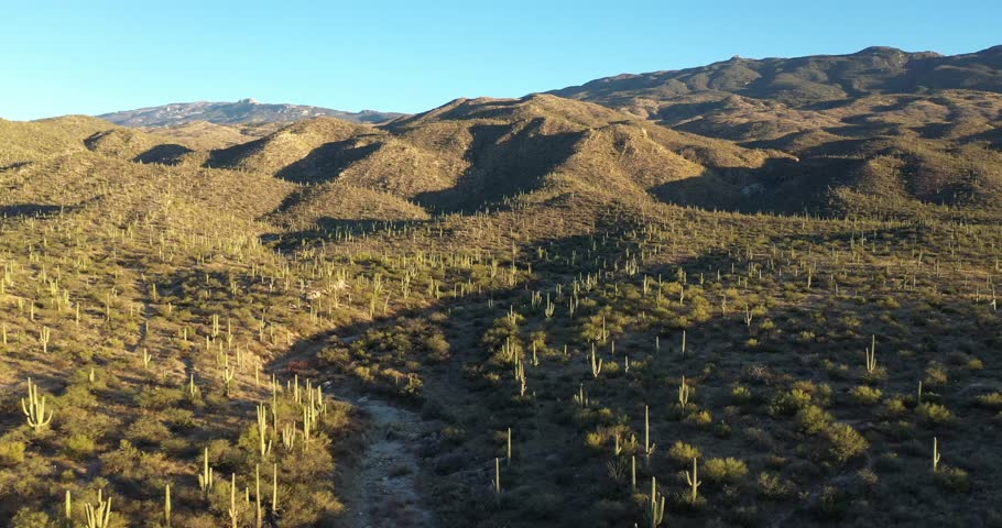 Aerial view of the landscape near Saguaro National Park just before sunset.