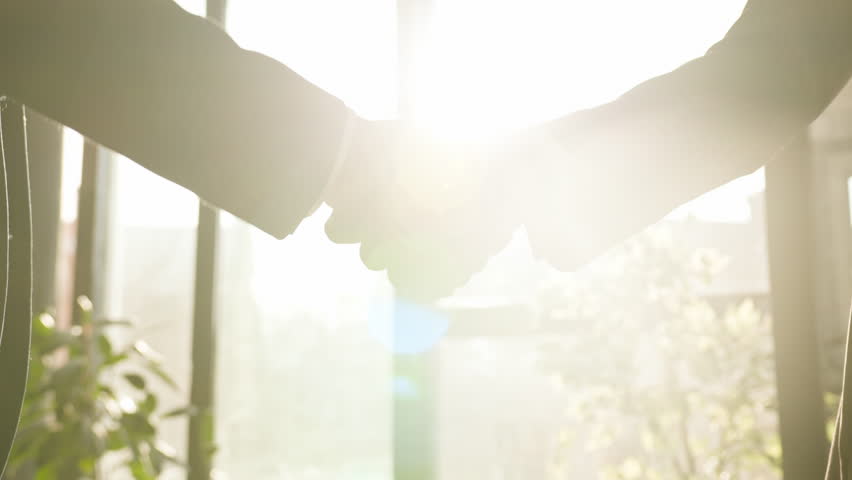 Close-up two men shake hands in office near window sunny sun background. Unrecognizable partners diverse businessmen conclude successful agreement support partnership cooperation greeting handshaking Royalty-Free Stock Footage #1099872267