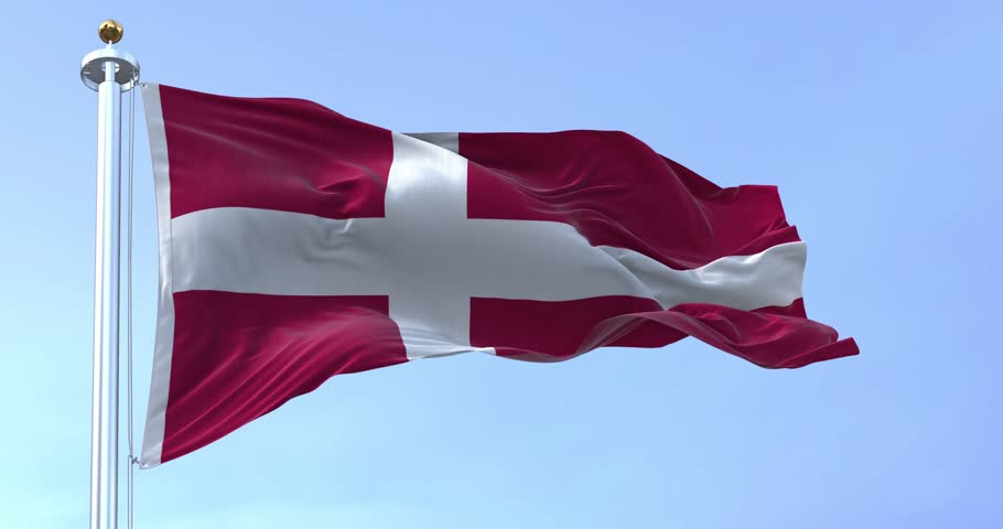 Denmark national flag waving in the wind on a clear day. The Kingdom of Denmark is a Nordic country in Northern Europe. Fluttering fabric. 3d render animation. Slow motion loop Royalty-Free Stock Footage #1099872649