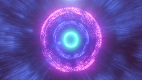 Abstract round blue and purple sphere made of flying particles glowing energy scientific futuristic atom molecule hi-tech background. Video 4k, motion design