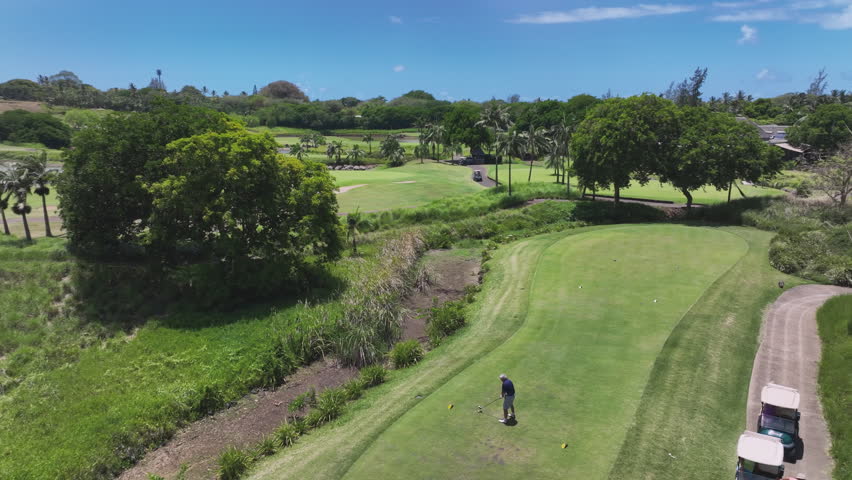 Golfers Play On The Course On A Sunny Day, Mauritius, Aerial View