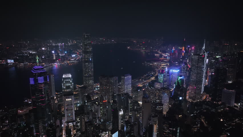Night Panorama Of The Whole Illuminated Hong Kong, Aerial View